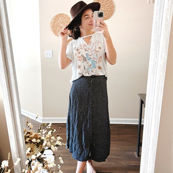 (merona) black & white stripe midi button down skirt with pockets - Picture 1 of 8